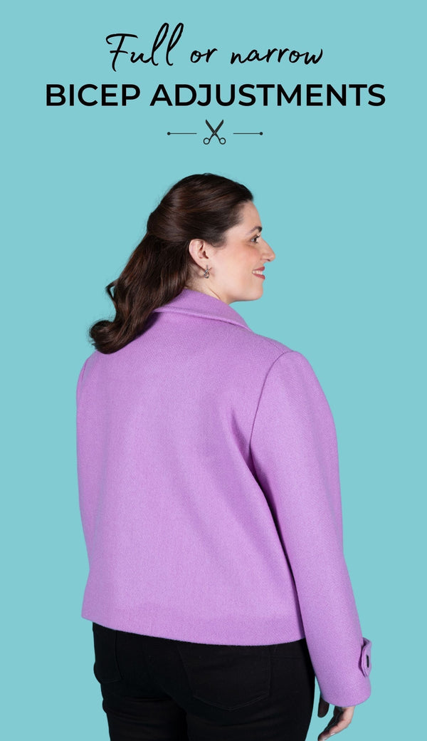 Full or narrow bicep adjustment with image of woman wearing purple pea coat showing sleeve