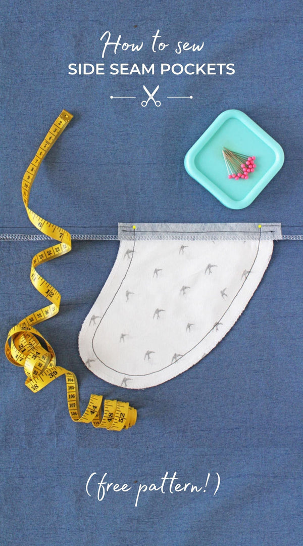 How to sew side seam pockets - free pattern. Text over a flatlay of a side seam pocket being sewn to a garment in blue denim with tape measure and pins.