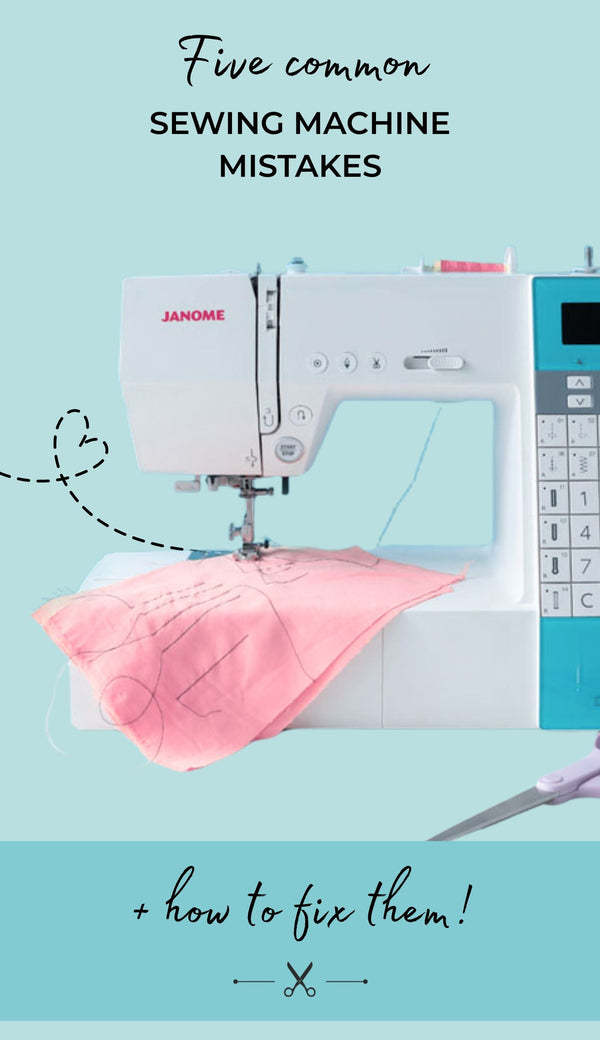 A picture of a sewing machine stitching fabric, against a blue background. With the title text 'Five Common Sewing Machine Mistakes + How to Fix Them'