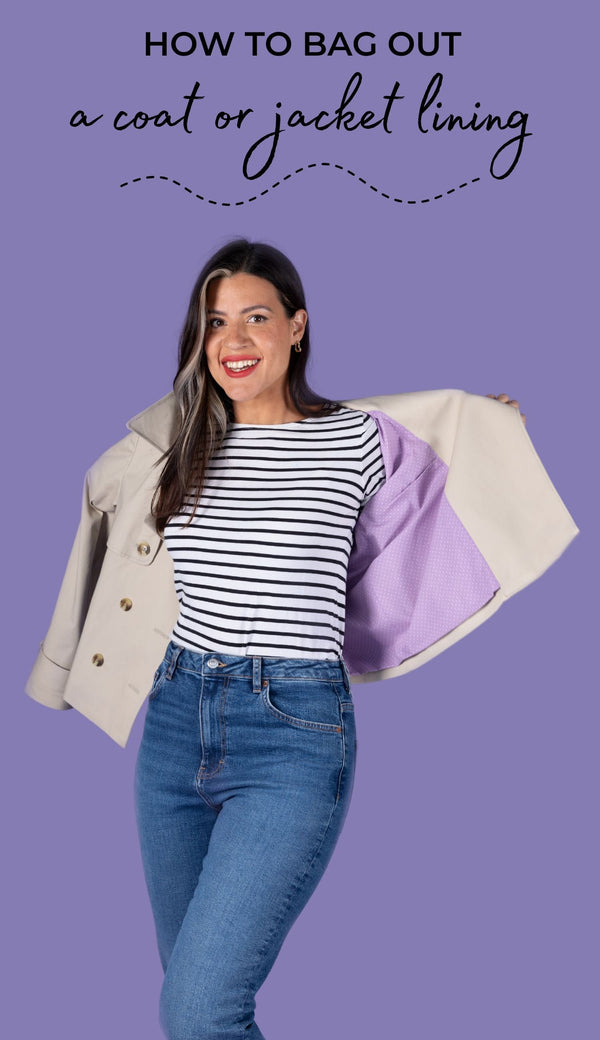 A model wearing the Tilly and the Buttons Manon jacket sewing pattern, showing the lined inside, with the title text 'How to Bag out a Coat or Jacket Lining'