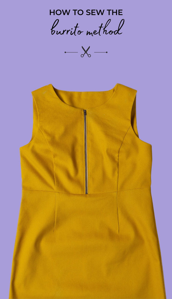 Flat lay of the Noa pinafore sewing pattern on a purple backdrop. With the title text 'How to sew the burrito method'.