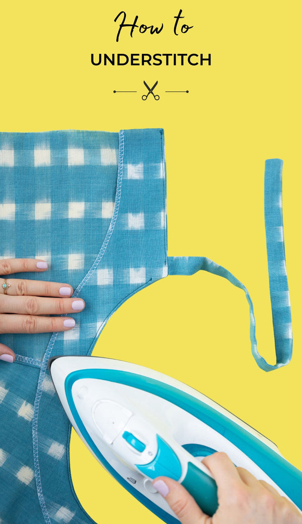 An iron pressing the neckline of a Stevie top, showing the understitching. With the title text 'How to understitch'