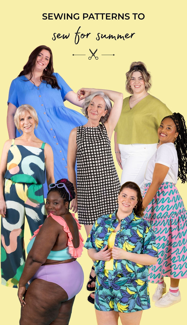A collage of models wearing Tilly and the Buttons summer sewing pattern picks. With the title text 'sewing patterns to sew for summer'