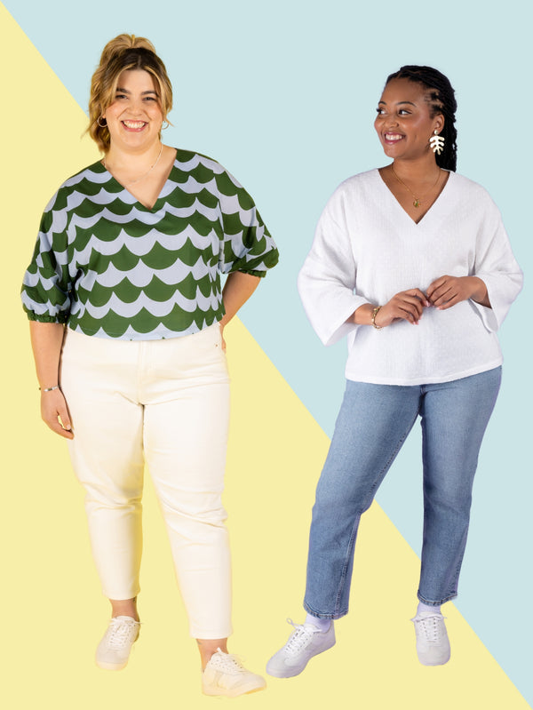 Two models wearing the Tilly and the Buttons Samara top sewing pattern. One model features the top cropped at the high hip, with elbow-length sleeves with elastic cuffs, while the other model wears a white Samara top with bracelet length sleeves and hip-length hem, highlighting the versatility of this easy top sewing pattern.