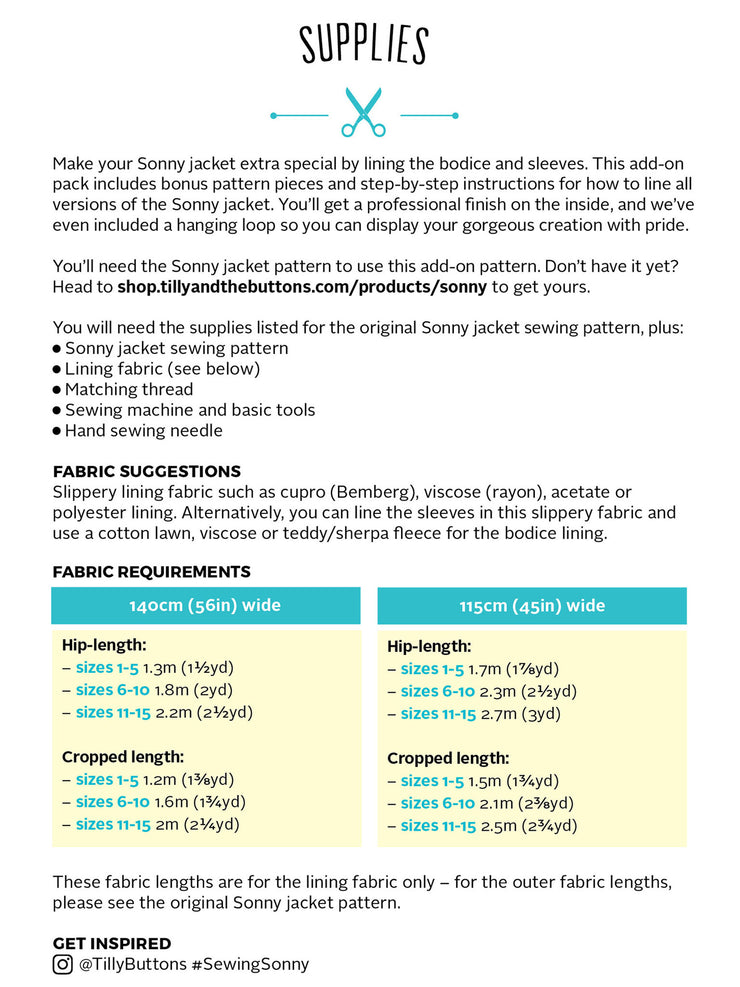 Sonny Jacket Lining Add-On PDF Sewing Pattern | Tilly and the Buttons