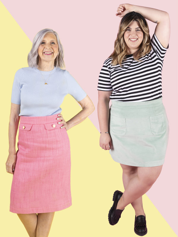 Two models showcasing the Ramona pencil skirt sewing pattern. The knee-length pink skirt features faux flap pockets, while the mini-length mint skirt has patch pockets. Tilly and the Buttons Ramona sewing pattern.