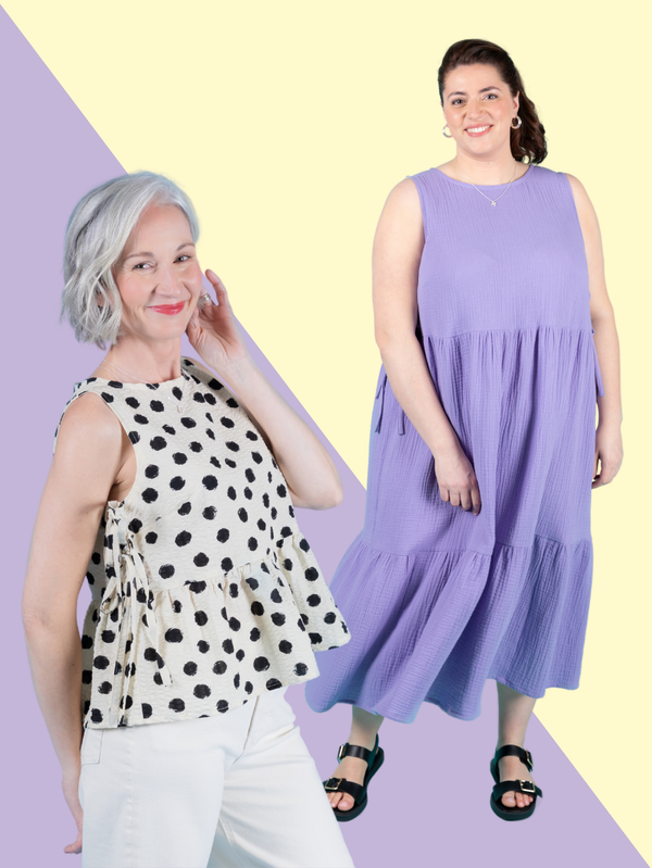 Two women wearing sleeveless Leah tops and dresses on a colourful background
