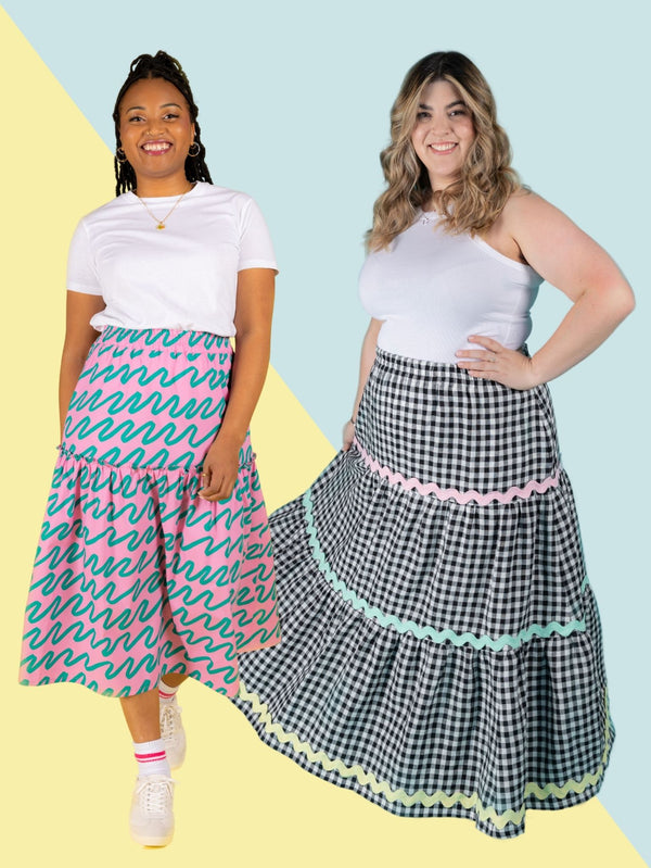 Combined image of two models wearing the Tilly and the Buttons Samara skirt.